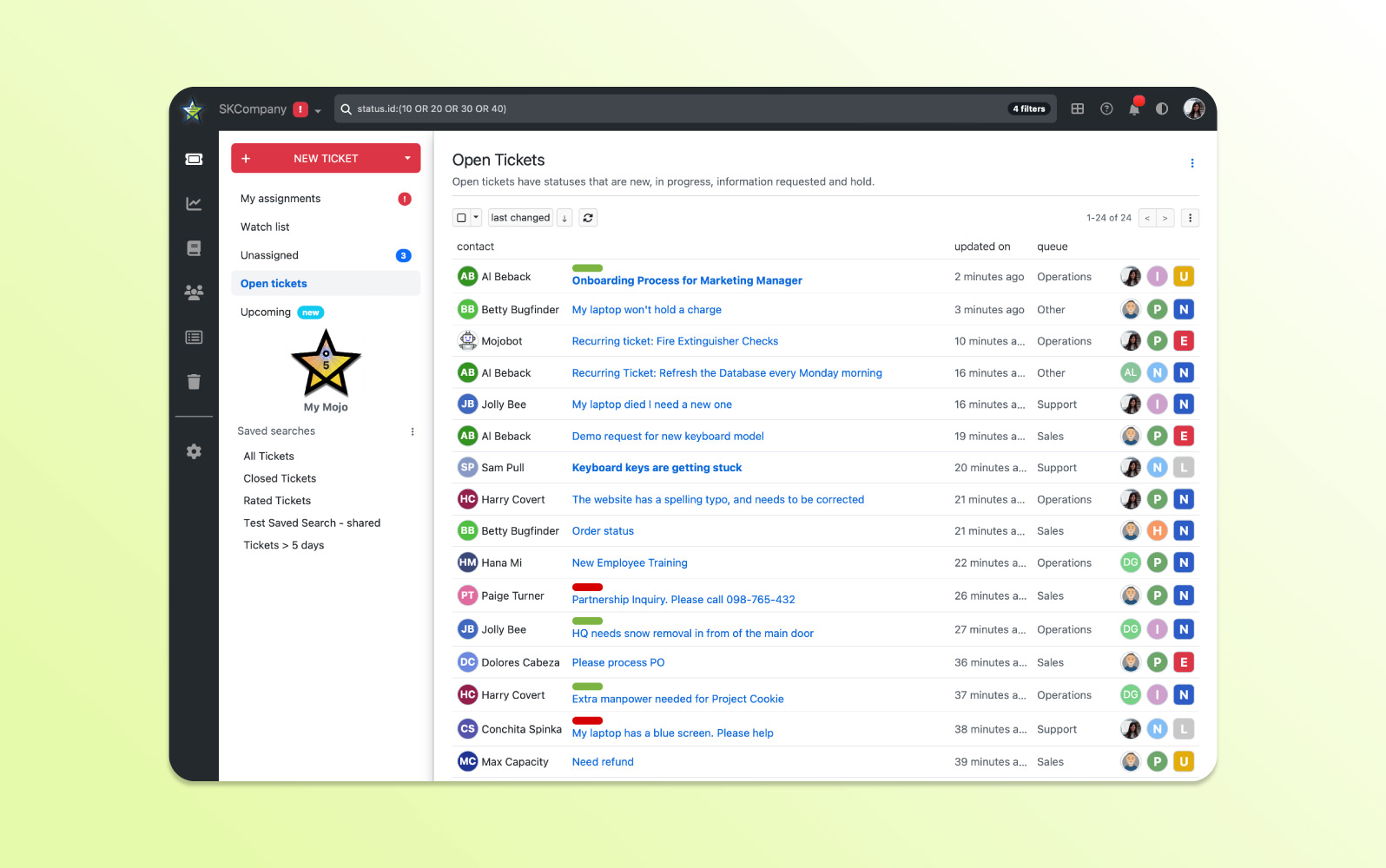 Screenshot of Mojo Helpdesk help desk ticketing systems with a simple interface for support requests and knowledge base creation.